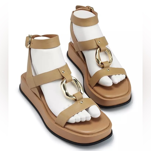 Zara Embellished Leather  Flatform Sandal Beige Size 7.5 - Picture 14 of 14